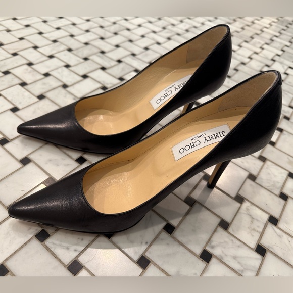 Jimmy Choo Romy 85 Black Leather Pointy Toe Pumps - Picture 1 of 3